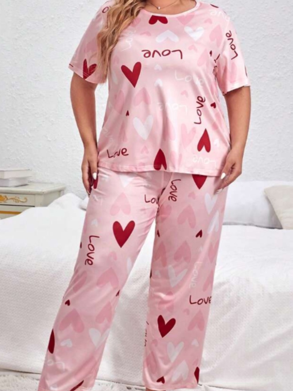 SHEIN Pink Heart 'Love' Print Pajama Set